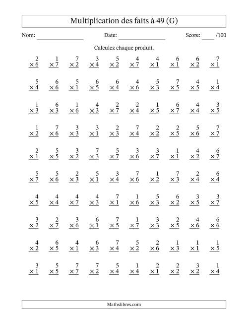 Multiplication des faits à 49 (100 Questions) (Pas de Zeros) (G)