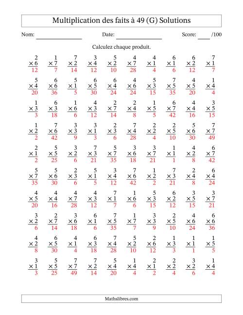 Multiplication des faits à 49 (100 Questions) (Pas de Zeros) (G) page 2