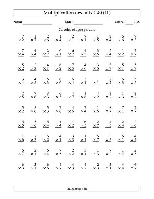 Multiplication des faits à 49 (100 Questions) (Pas de Zeros) (H)