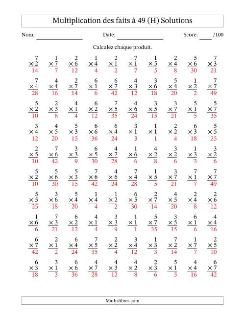 Multiplication des faits à 49 (100 Questions) (Pas de Zeros) (H) page 2