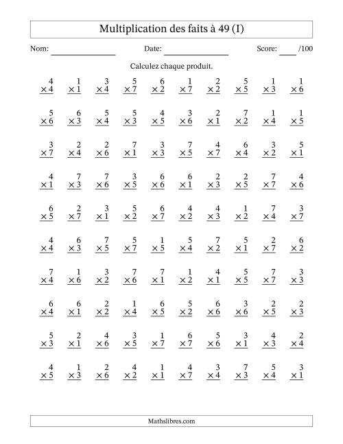Multiplication des faits à 49 (100 Questions) (Pas de Zeros) (I)