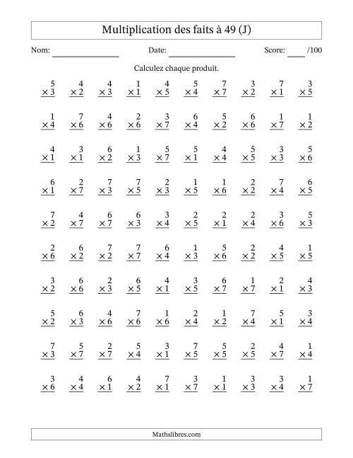 Multiplication des faits à 49 (100 Questions) (Pas de Zeros) (J)