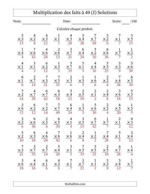 Multiplication des faits à 49 (100 Questions) (Pas de Zeros) (J) page 2
