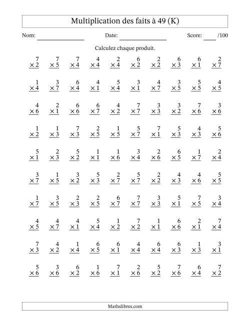 Multiplication des faits à 49 (100 Questions) (Pas de Zeros) (K)