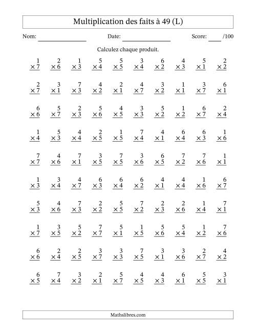 Multiplication des faits à 49 (100 Questions) (Pas de Zeros) (L)
