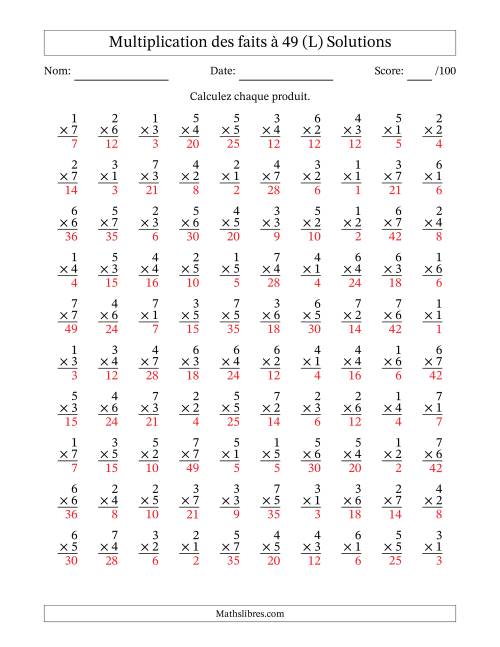 Multiplication des faits à 49 (100 Questions) (Pas de Zeros) (L) page 2