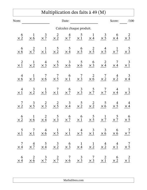 Multiplication des faits à 49 (100 Questions) (Pas de Zeros) (M)