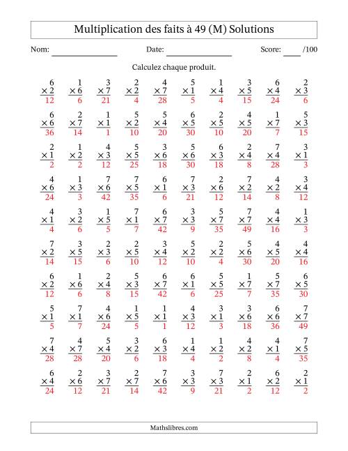 Multiplication des faits à 49 (100 Questions) (Pas de Zeros) (M) page 2