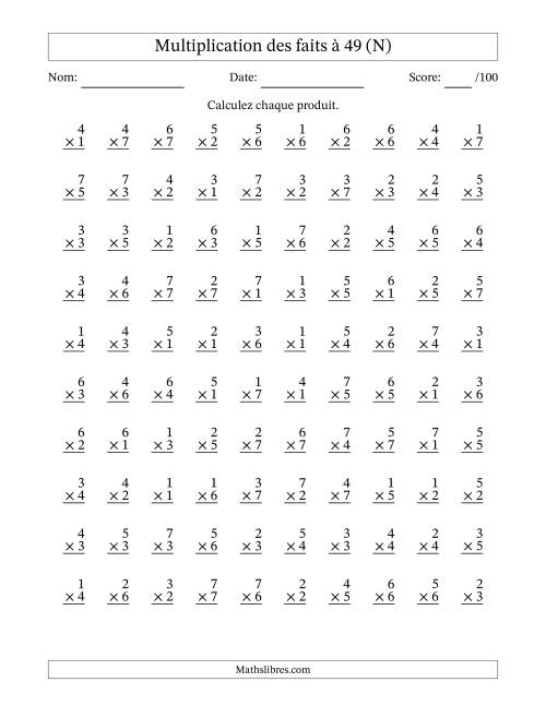 Multiplication des faits à 49 (100 Questions) (Pas de Zeros) (N)