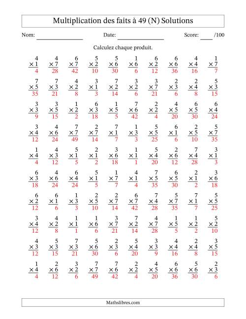 Multiplication des faits à 49 (100 Questions) (Pas de Zeros) (N) page 2