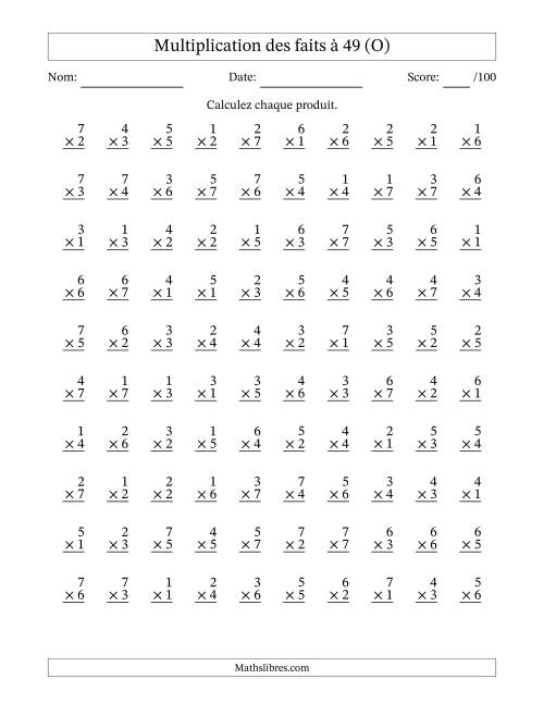 Multiplication des faits à 49 (100 Questions) (Pas de Zeros) (O)