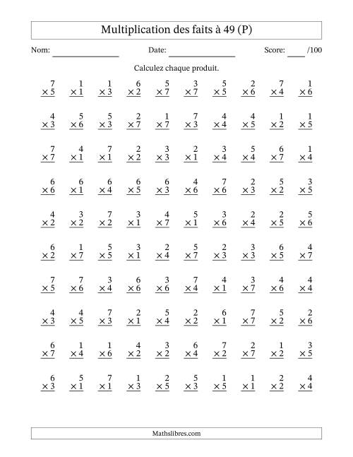 Multiplication des faits à 49 (100 Questions) (Pas de Zeros) (P)