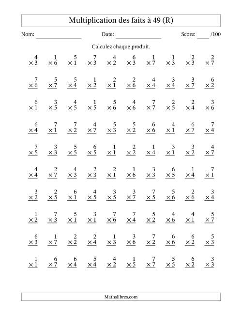 Multiplication des faits à 49 (100 Questions) (Pas de Zeros) (R)