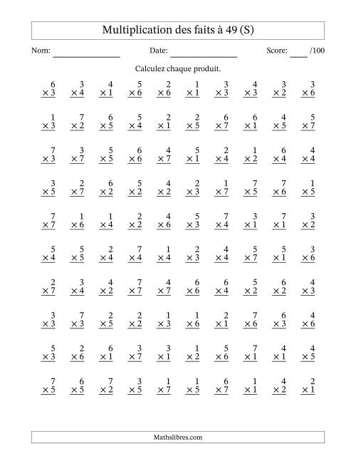 Multiplication des faits à 49 (100 Questions) (Pas de Zeros) (S)