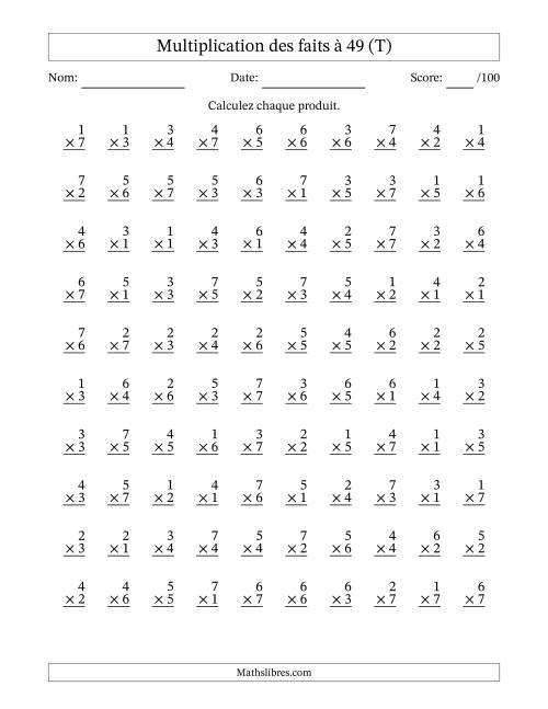 Multiplication des faits à 49 (100 Questions) (Pas de Zeros) (T)