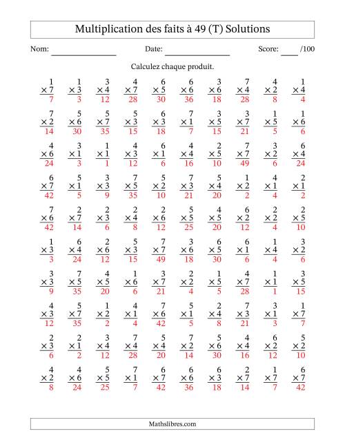 Multiplication des faits à 49 (100 Questions) (Pas de Zeros) (T) page 2