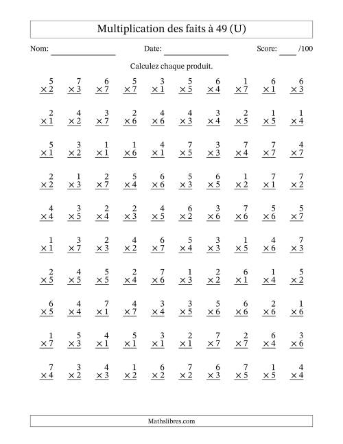 Multiplication des faits à 49 (100 Questions) (Pas de Zeros) (U)