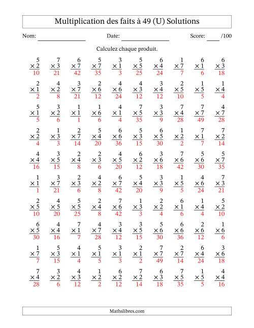 Multiplication des faits à 49 (100 Questions) (Pas de Zeros) (U) page 2