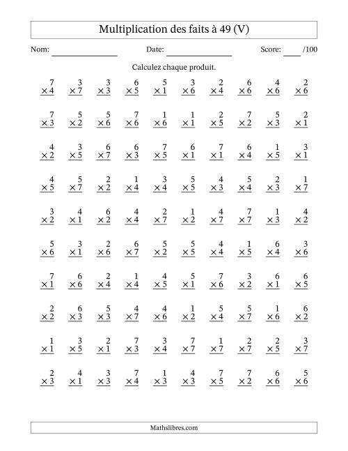 Multiplication des faits à 49 (100 Questions) (Pas de Zeros) (V)