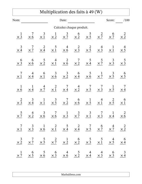Multiplication des faits à 49 (100 Questions) (Pas de Zeros) (W)
