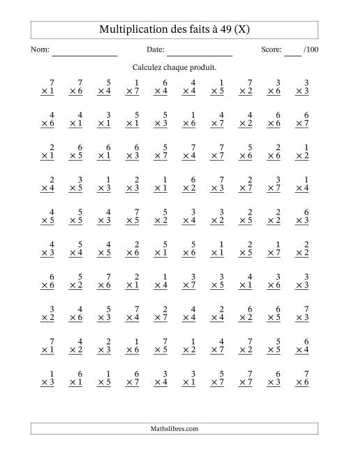 Multiplication des faits à 49 (100 Questions) (Pas de Zeros) (X)
