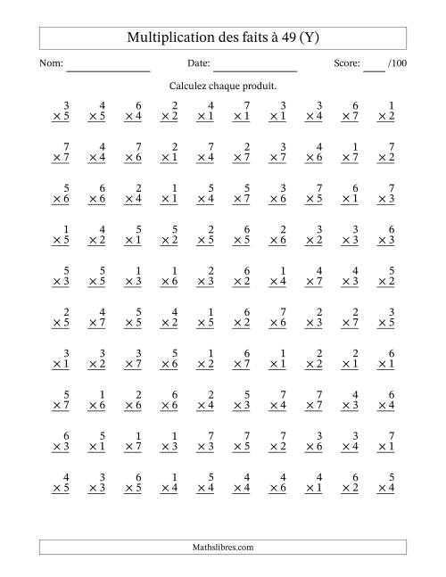 Multiplication des faits à 49 (100 Questions) (Pas de Zeros) (Y)