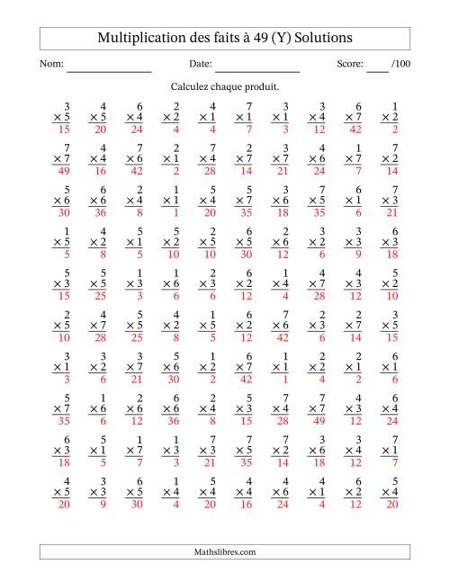 Multiplication des faits à 49 (100 Questions) (Pas de Zeros) (Y) page 2