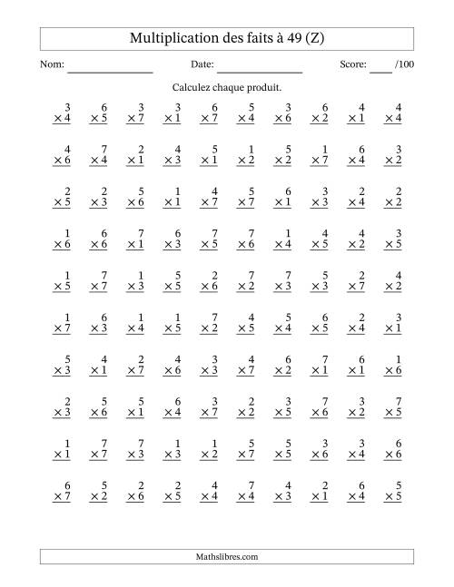 Multiplication des faits à 49 (100 Questions) (Pas de Zeros) (Z)