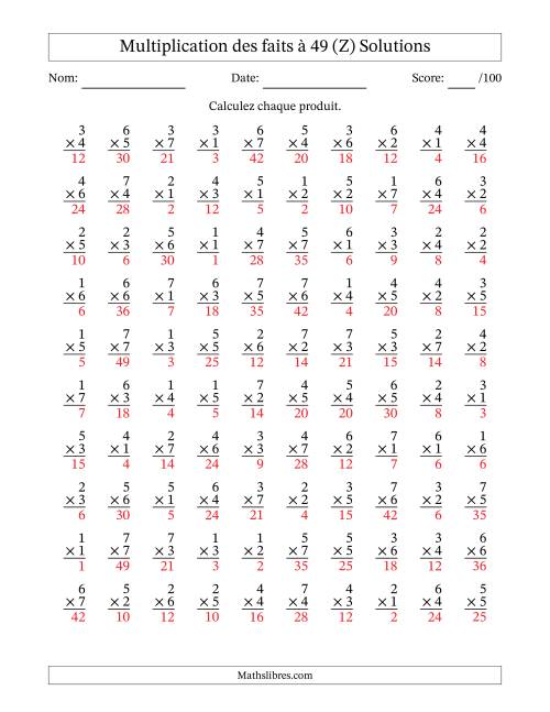 Multiplication des faits à 49 (100 Questions) (Pas de Zeros) (Z) page 2