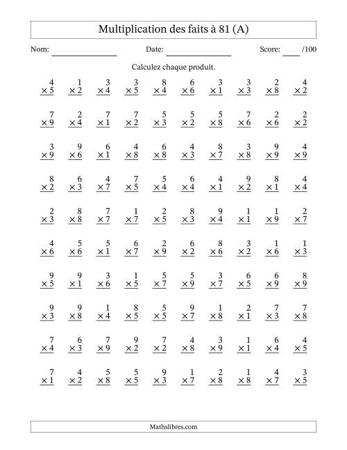 Multiplication des faits à 81 (100 Questions) (Pas de zéros) (A)
