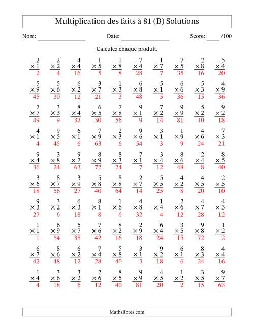 Multiplication des faits à 81 (100 Questions) (Pas de zéros) (B) page 2