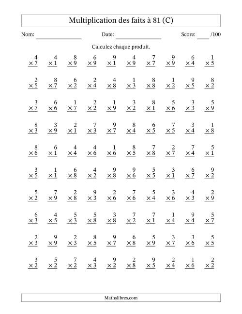 Multiplication des faits à 81 (100 Questions) (Pas de zéros) (C)