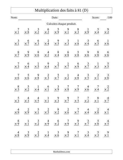 Multiplication des faits à 81 (100 Questions) (Pas de zéros) (D)
