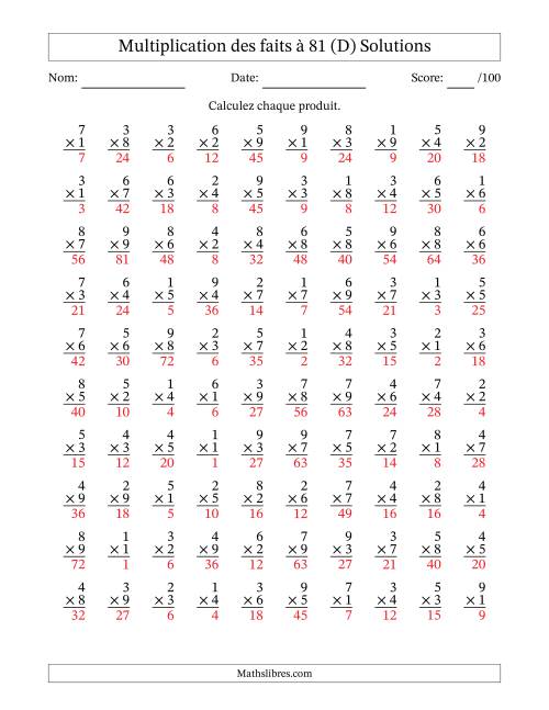 Multiplication des faits à 81 (100 Questions) (Pas de zéros) (D) page 2