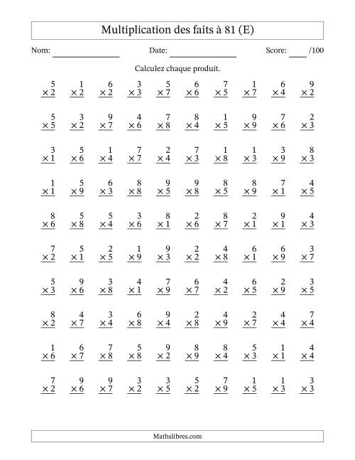 Multiplication des faits à 81 (100 Questions) (Pas de zéros) (E)
