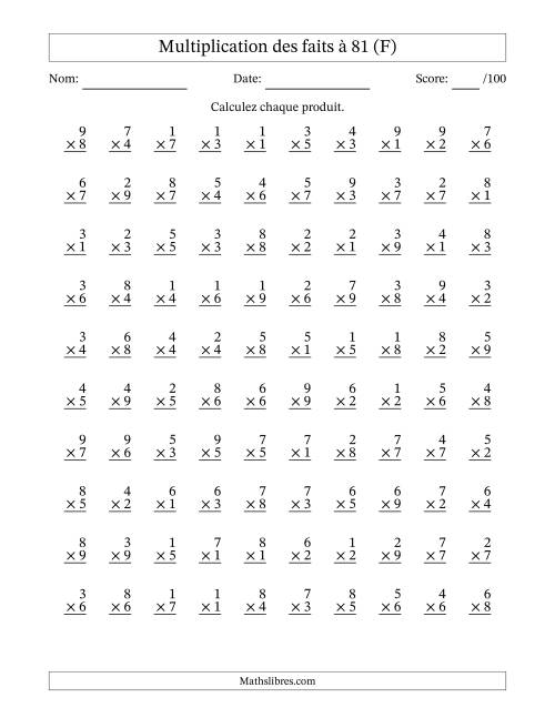 Multiplication des faits à 81 (100 Questions) (Pas de zéros) (F)
