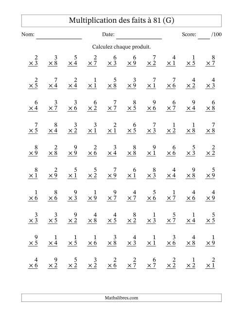 Multiplication des faits à 81 (100 Questions) (Pas de zéros) (G)