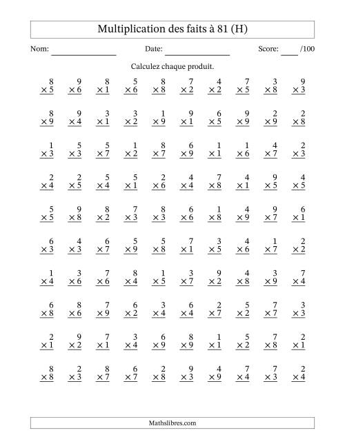 Multiplication des faits à 81 (100 Questions) (Pas de zéros) (H)