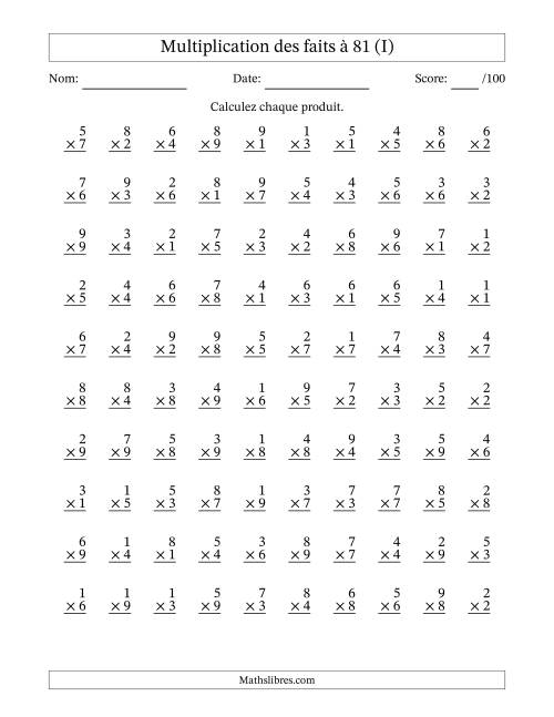Multiplication des faits à 81 (100 Questions) (Pas de zéros) (I)
