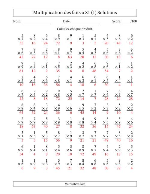 Multiplication des faits à 81 (100 Questions) (Pas de zéros) (I) page 2
