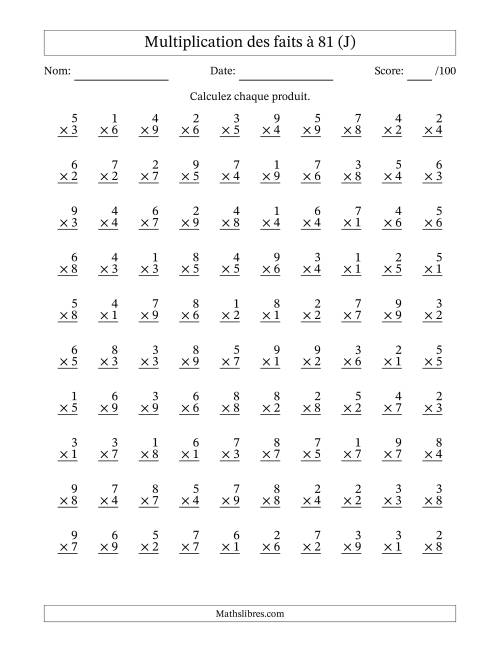 Multiplication des faits à 81 (100 Questions) (Pas de zéros) (J)