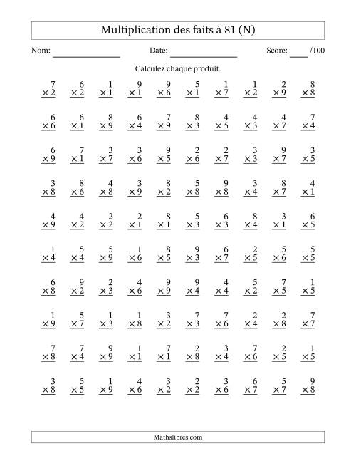 Multiplication des faits à 81 (100 Questions) (Pas de zéros) (N)
