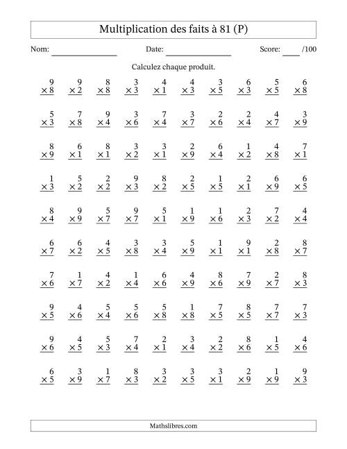 Multiplication des faits à 81 (100 Questions) (Pas de zéros) (P)