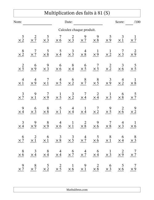Multiplication des faits à 81 (100 Questions) (Pas de zéros) (S)