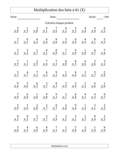 Multiplication des faits à 81 (100 Questions) (Pas de zéros) (X)