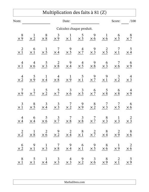 Multiplication des faits à 81 (100 Questions) (Pas de zéros) (Z)