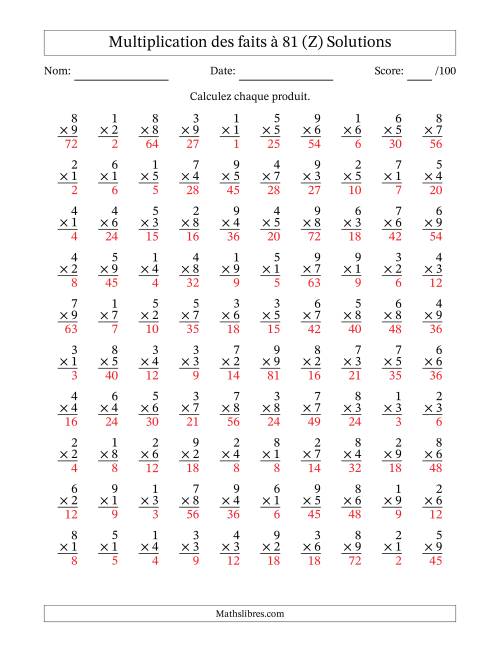 Multiplication des faits à 81 (100 Questions) (Pas de zéros) (Z) page 2