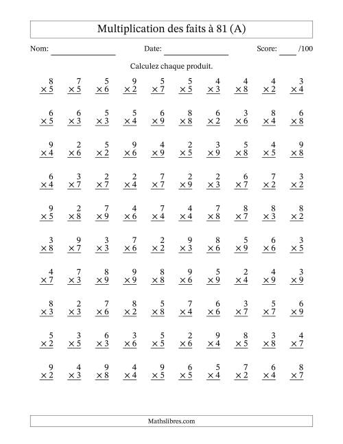 Multiplication des faits à 81 (100 Questions) (Pas de zéros ni de uns) (A)