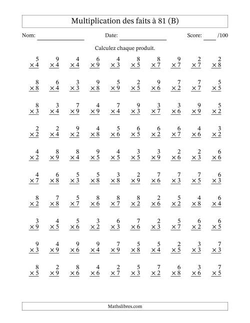 Multiplication des faits à 81 (100 Questions) (Pas de zéros ni de uns) (B)