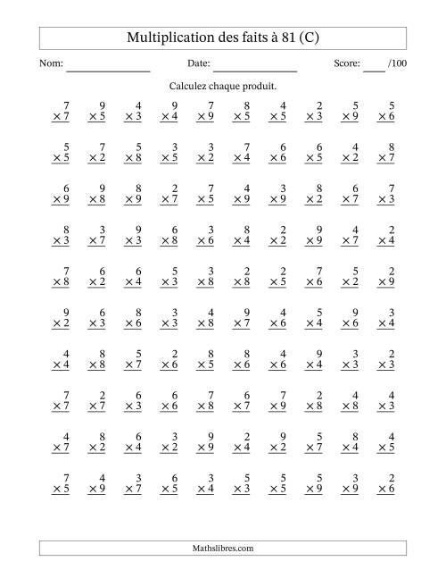 Multiplication des faits à 81 (100 Questions) (Pas de zéros ni de uns) (C)